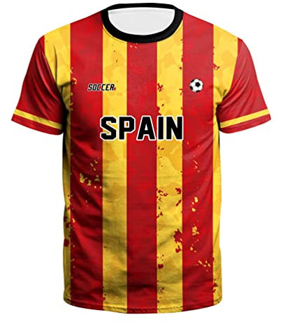 YuanDiann Qatar Coupe du Monde Football T-Shirt Fans Manche Courte Col Rond Loose Sport Casual Impression en 3D Drapeau National Respirant séchage Rapide Tee Maillot Espagne L