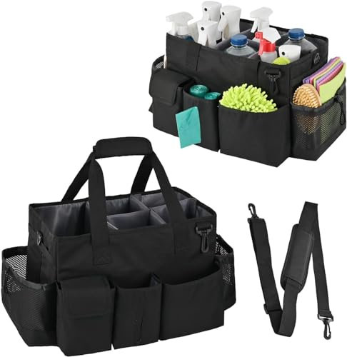 IVODEELA Cleaning Caddy Bag, Large Cleaning Caddy Organiser with Handle for Cleaning Supplies, Cleaning Supply Tote for Cleaners Housekeepers, Black