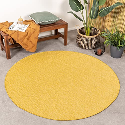 FRAAI | Home & Living In- & Outdoor Teppich Rund - Costa Ockergelb - Wetterfest - Polypropylen - Flachgewebe - Balkon, Garten/Terrasse - Terrasse - Rug
