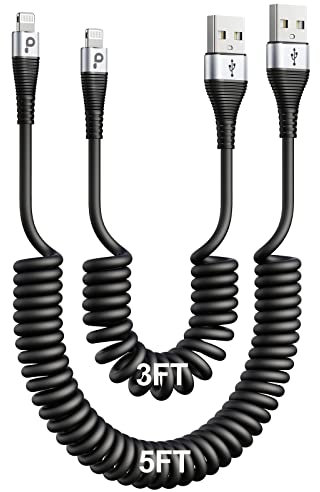 iPhone Charger Cable for Car (3FT/5FT), 2Pack Coiled Lightning Cable, [Apple MFi Certified] Retractable Charging Cord Compatible with iPhone 14/13/12/11 Pro Max/XS MAX/XR/XS/8/iPad/iPod/CarPlay