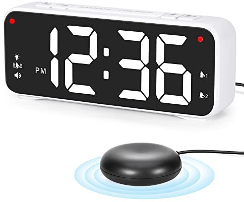 Alarm Clock for Heavy Sleepers,Loud Alarm Clock with Bed Shaker,Vibrating Alarm Clock for Bedside Bedroom,Digital Clock With 6.5 LED Screen,12/24H,4 Dimmer,4 Volume,Battery Backup,USB Charger-White