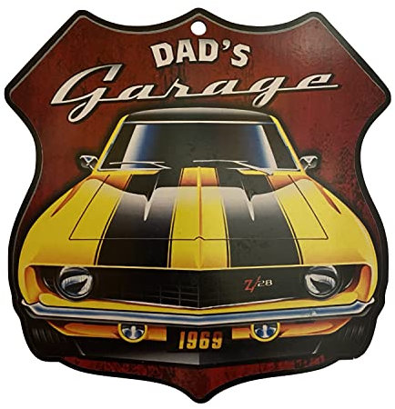 KUSTOM ART Quadro Sagomato Stile Vintage Dad's Garage Auto Gialla Stampa su Fibra di Legno HDF 23 x 22 cm.