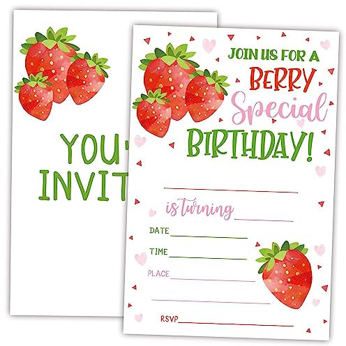AWSICE Geburtstagseinladungen mit Erdbeer-Motiv, Früchte, doppelseitige Einladungskarten für Geburtstagsparty, Jungen, Mädchen, Kinder, Teenager, Partygeschenk und Zubehör,A39