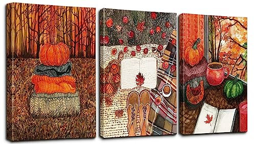 Ohok Premium Leinwandbilder Kunstdruck Bilder 30x40cm, Leinwanddruck Bilder 3er-Set Wandkunst Dekor Bild mit Holzrahmen Wandbilder für Schlafzimmer Büro Home Dekorationen (Herbst-Kürbis)