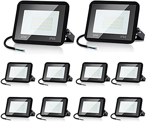 Daromigo LED Strahler Außen 10 Stück 30W LED Strahler， LED Scheinwerfer,2550LM LED Scheinwerfer außen,6000K Kaltweiß IP65 Wasserfest Außenstrahlerfür Hinterhof，Flur，Garage