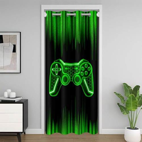 Gamer Door Curtain for Doorway Privacy 86x203cm Kids Game Controller Room Divider Curtain Cover Green Black 30%-50% Room Darkening Blackout Curtain Gaming Window Treatments Room Decor