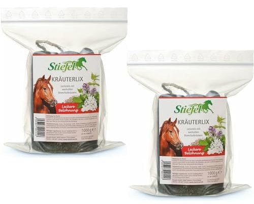 RL24 Stiefel - Kräuterlix Kräuterleckstein | Pferde-Leckstein mit Kordel | zur schmackhaften Beschäftigung | Pferdeleckerlis aus Kräutermischung | Pferde Zusatzfutter | 2 x 1000 g Tüte (2er Set)