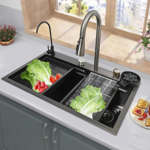 DSYOGX Évier de cuisine en acier inoxydable 304 - Rectangulaire - Grand lavabo de cuisine - Pour cuisine, restaurant - Noir (75 cm)