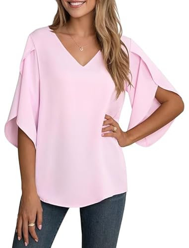 YGJIEGENG Women's Chiffon Blouse Ladies Tops Elegant Casual Loose 3/4 Ruffled Split Sleeve V Neck Summer Blouse T Shirts,Light Pink,M