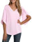 YGJIEGENG Women's Chiffon Blouse Ladies Tops Elegant Casual Loose 3/4 Ruffled Split Sleeve V Neck Summer Blouse T Shirts,Light Pink,M