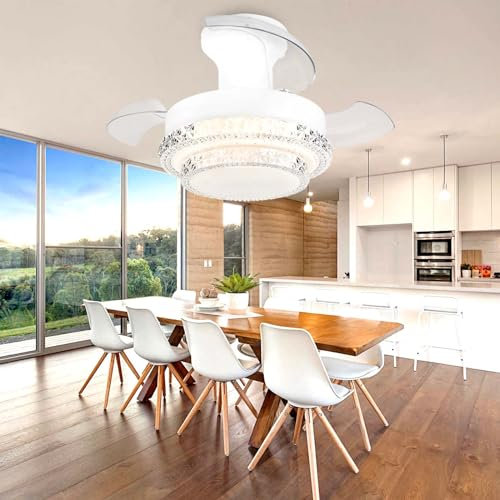 52cm Ventilatore da Soffitto con Luce e Telecomando, Plafoniera con Ventilatore 3 Lame Retrattili, Silenzioso Dimmerabile 6 Velocità, Lampadario con Ventilatore a Scomparsa Moderni Cameretta-White1