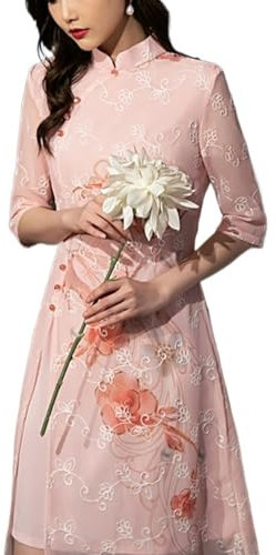 FCSHFC Traditionnel Robe Vietnamienne Ao Dai pour Femme Chinois Robes élégant Brodé Qipao Femelle été Cheongsam (Color : Pink, Size : L)