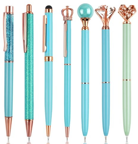 Svalor Kugelschreiber Blau Set, 7 Stück Schöne Kugelschreiber, Kugelschreibers Glitzer Mit Großer Diamant,Geschenke für Frauen Mädchen Brautjungfer Hochzeit Büro, Blau