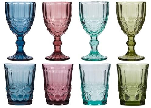8pc Wine Glasses & Tumblers Set of 4 Wine Goblets and Tumbler Glasses Vintage Style Embossed Baroque Multicoloured Drinking Glasses Alfresco Dining Glassware Set