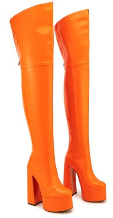 THOYBMO Tacchi Alti High Heels Stivali Alti Donna Piattaforma Tacco Grosso Sopra Ginocchio Punta Tonda Stivali Alti Alla Coscia 16cm,Orange,37