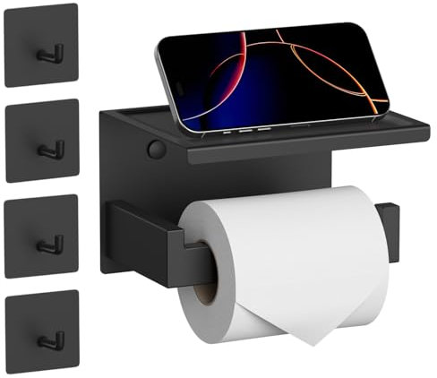HITSLAM Toilettenpapierhalter Ohne Bohren mit 4 Klebehaken, Edelstahl Selbstklebend Klopapierhalter mit Ablage, Wc Papier Halterung Rollenhalter Wandmontage mit Kleber für Badzimmer Schwarz