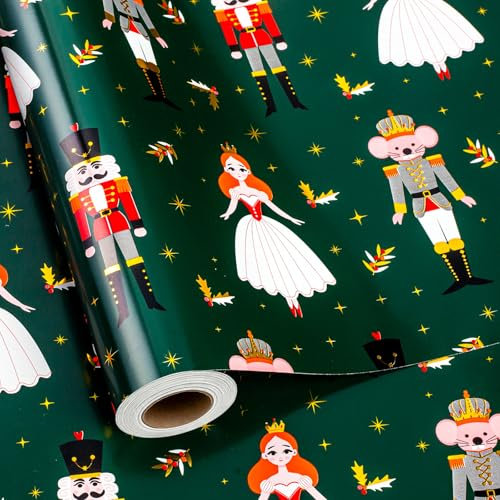 Flyhill Reversible Christmas Wrapping Paper Roll-Metallic Foil Shiny Green Nutcracker,Mouse King,Ballerina Design with Snowflake for Birthday,Holiday-17 Inches x 33 Feet(46.8ft)