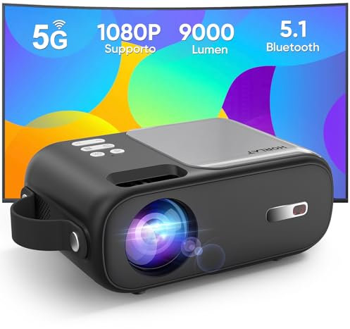 Mini Proiettore, Proiettore 5G WiFi Bluetooth 9000 Lumens, Supporto Full HD 1080P, Correzione Trapezoidale ±15°, Videoproiettore Home Cinema, Compatibile con Smartphone/TV Stick