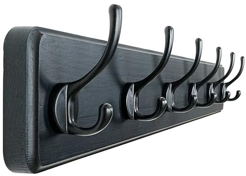 Dseap Wall Mounted Coat Rack: 60cm Long, Patented, Heavy-Duty, 6-Double-Hooks Wooden Hanger Rail for Winter Coats, Hat, Jacket, Clothing - Black