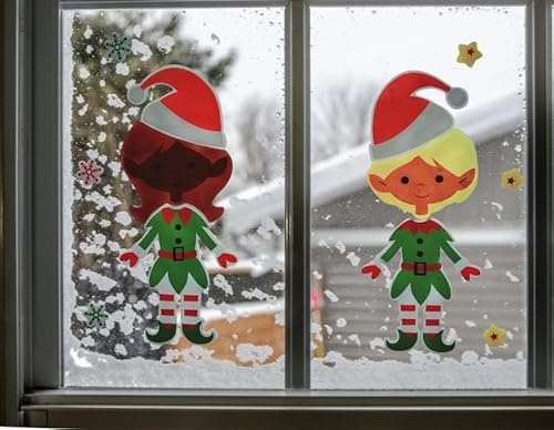 Pegatinas de gel para ventana de elfos, copos de nieve y estrellas, paquete de 2, decoración de Navidad para interiores, decoración navideña de elfos, calcomanías de ventana de copos de nieve y