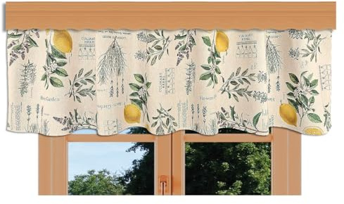 kollektion MT Querbehang Kräutercharme Liora – hochwertiger Baumwollstoff in Leinen-Optik | Landhaus-Gardine mit Küchen-Kräutern und Zitronen | Volant 30 cm hoch, viele Verschiedene Breiten