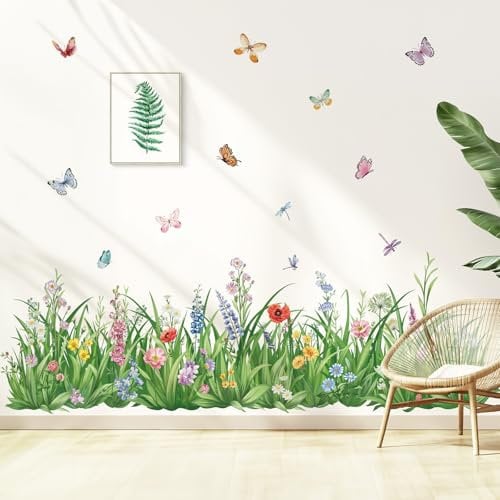 wondever Pegatinas de Pared Hierba Verde Adhesivos Decorativos Flores Planta Mariposas Rodapié Vinilos Pared para Dormitorios Salon Cocina