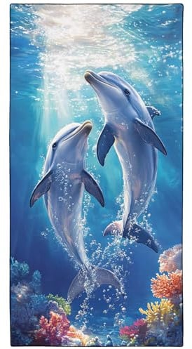 YISUMEI Blaues Delphin-Korallenriff Strandtuch XXL 180x90cm - Schnelltrocknendes Mikrofaserhandtuch mit Tasche, Saugstark Sandfrei - Leichtes Reisehandtuch für Strand, Pool