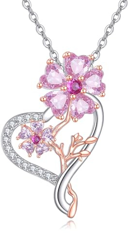 YAFEINI Kirschblüten Kette 925 Sterling Silber Blumen Anhänger Halskette Sakura Schmuck Geschenk für Damen Frauen