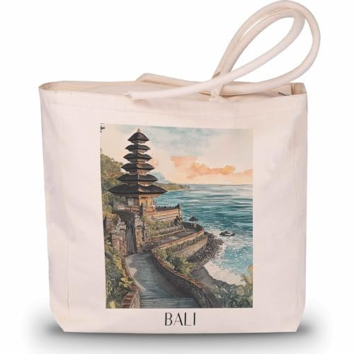 favplace Shopping Tasche mit Städtemotiv Pura Ulun Danu Bratan Bali Tote Bag - Shopper bzw. Einkaufstasche für Fernweh oder Heimat - Reise Daybag - Jutebeutel