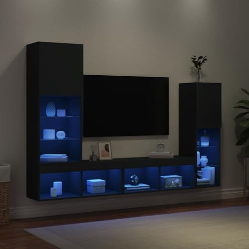 KLYEON 4-TLG. Wohnwand mit LED-Beleuchtung Schwarz Holzwerkstoff stabil Wohnzimmereinrichtung Einfache Reinigung for Wohnzimmer