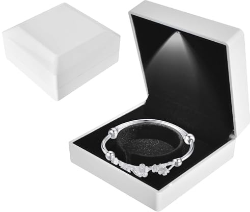 Armband-Box mit LED-Licht, Luxus-LED-Licht-Armband-Geschenkbox, Samt Schmuck Schmuckschachtel Geschenkbox mit LEDs, Schmuck-Armbands-Box für Verlobung Heiratsantrag Hochzeit, 10*10*5cm, Weiß