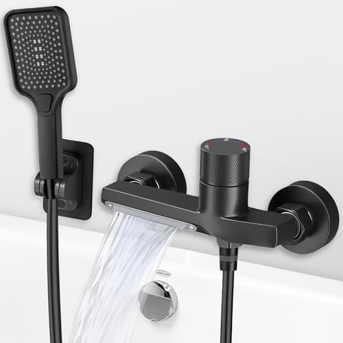 Yowmina Rubinetto Vasca da Bagno con Doccetta 3 Geti, Miscelatore Vasca da Bagno a Cascata, Miscelatore Doccia Nero con Tubo Doccia PVC 1,5 m, Miscelatore Ottone Antiperdite, Attacco G1/2 per Bagno