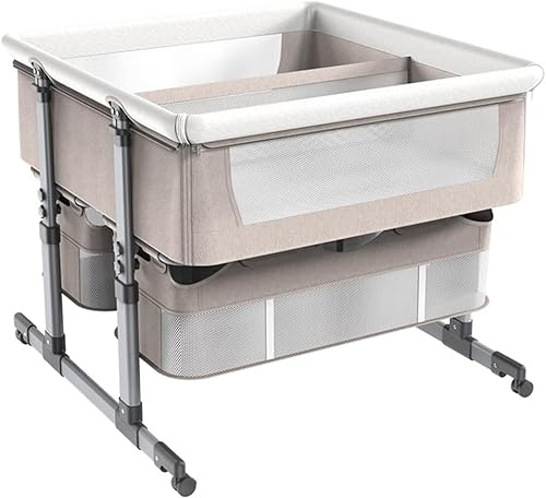 ZGHQHCDRH Wiegenbett, Zwillings-Babybett, Kinderbett mit Aufbewahrungskorb, tragbares Babybett Babywanne, 6-Fach höhenverstellbares Bett gegen Erbrechen(Khaki)