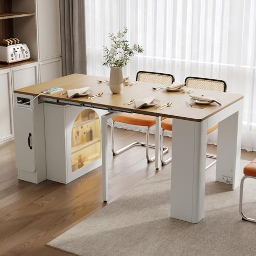 YEHTOKHOME - Mesa de bar extensible con almacenamiento y bandeja extraíble, isla central de cocina con ruedas LED RGB, USB/tipo C, para cocina o comedor (E-Blanco)