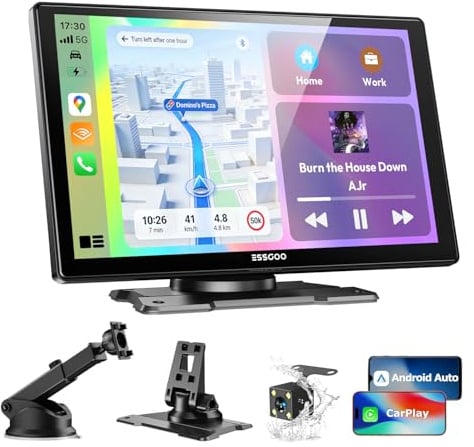ESSGOO 9 Pulgadas Pantalla Carplay Coche Android Auto con Cámara de Reversa | Apple Car Play Inalámbrico,Pantalla Táctil IPS,Portátil Radio Coche,Bluetooth 5.3,Airplay,Mirror Link,Voz,Navegación GPS,AUX
