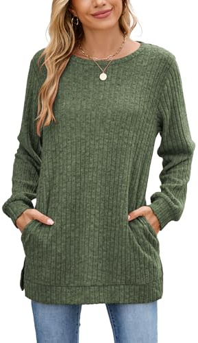 Famulily Women's Knit Jumpers Long Sleeve Tops Dressy Round Neck Ribbed Pullover Sweaters Loose Side Splits with Pockets