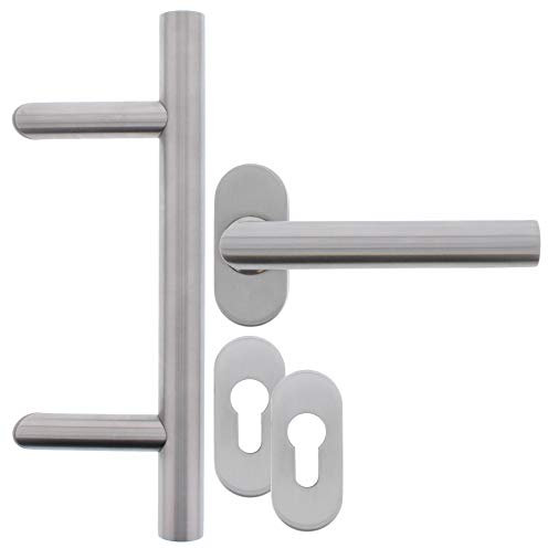 ToniTec Stossgriff Edelstahl für Haustür Türgriff Set Schräg Rosettengarnitur + Befestigung (400mm)