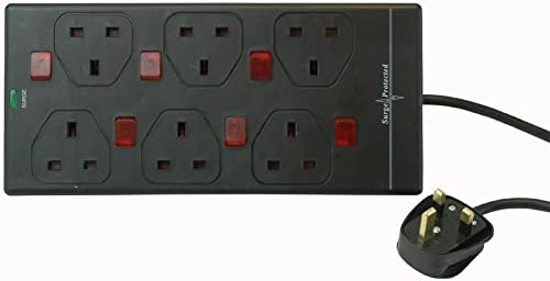 Pro Elec Individually Switched Surge Protected Extension Lead, Black, 6-Gang, 2m Lead