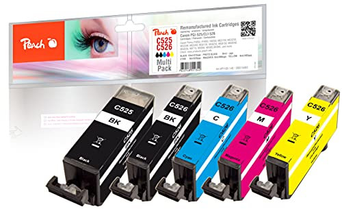 Peach C525/526 Spar Pack Druckerpatronen (BK, PBK, C, M, Y) ersetzt Canon PGI-525, CLI-526, 4541B006 für z.B. Canon Pixma MG 5350, MG 5150, MG 6250, MG 8150