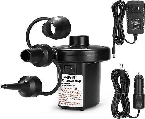 AGPTEK Electric Air Pump,Portable Air Pump with 3 Nozzles, 4.5kPa Quick-Fill,110V AC/12V DC Inflator/Deflator Pumps for Outdoor Camping, Inflatable Air Mattress Beds, Boats, Swimming Ring