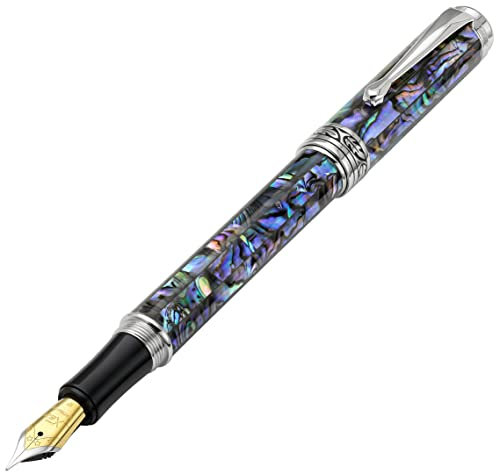 Xezo Maestro Fountain Pen, Fine Nib. Natural Abalone Sea Shell with Pure Platinum Plating. Handcrafted, Limited Edition, Serialized