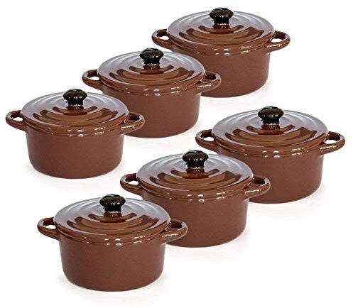 Hobby Concept 6 Mini Cocottes Céramique avec Double poignées et Couvercle Plat, Rond, Marron