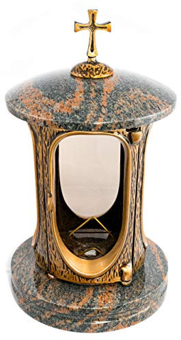 Stilvolle Grablaterne Elégant mit Kreuz Granit Gneis Barap Halmstad Höhe 27 cm/Ø 15 cm Grableuchte Grablicht Grablampe Granitlampe Granitlaterne Bronze mit Sockel Grabschmuck