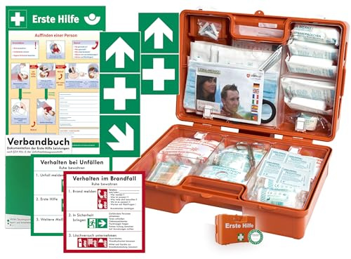 Verbandskoffer/Verbandskasten (M) -Komplettpaket- Erste Hilfe nach aktueller DIN 13157 für Betriebe -DSGVO- INKL. PERFORIERTEM VERBANDBUCH + Aushang + Aufkleber