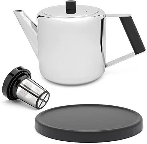 Teekanne Set 1.1 Liter - Edelstahl doppelwandig Silber - Großer moderner Teebereiter mit Tee-Filter-Sieb-Aufsatz für losen Tee - inkl. Holz-Untersetzer schwarz