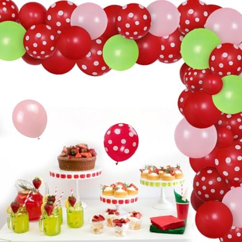 Erdbeer-Party-Dekorationen Geburtstags-Ballon-Girlanden-Kit für Mädchen Rosa 1. 2. Geburtstagsfeier-Lieferungen Erdbeer-rote und weiße Tupfenballons