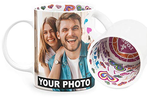 Ferocity Fototasse mit Herzmotiv Tasse mit eigenem Foto & Text selbst gestalten Geschenk zum Valentinstag - Herzen I Love You Tiamo im Inneren des Kaffeebechers und am Henkel, Love [117]