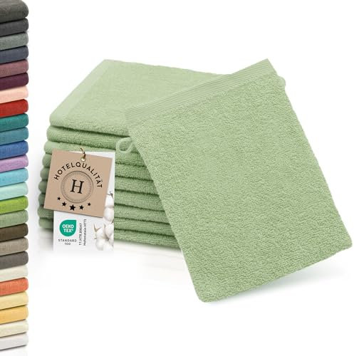 ZOLLNER 10er Set Waschlappen - weiche und saugstarke Waschhandschuhe - waschbar bis 95°C - Baumwolle - 16x21 cm in lindgrün