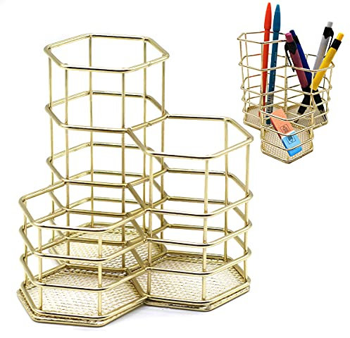 Pinselhalter Schreibtisch Stiftehalter, Papeterie Sticker Schreibtisch Deko Aesthetic Stifte Organizer Stiftehalter Gold Bleistifthalter Organizer Dreifach-Raster-Make-up-Topf Büro Klassenzimmer