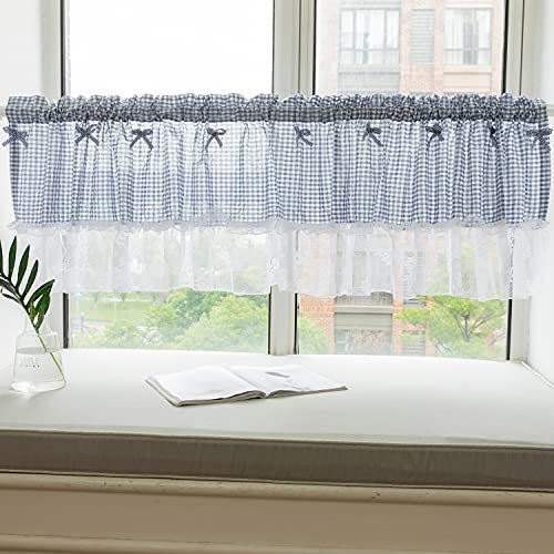 Lsimeru Kariert Küchengardinen Landhausstil Vintage Blau Scheibengardine Küche Bistrogardine Kurzstore Gardinen Sheer Kurzvorhang Kleinfenster Vorhang 1 Stücke,106x45cm